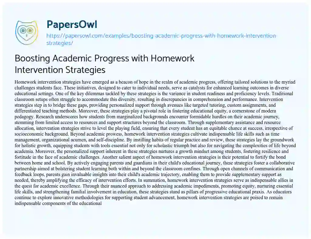 Essay on Boosting Academic Progress with Homework Intervention Strategies