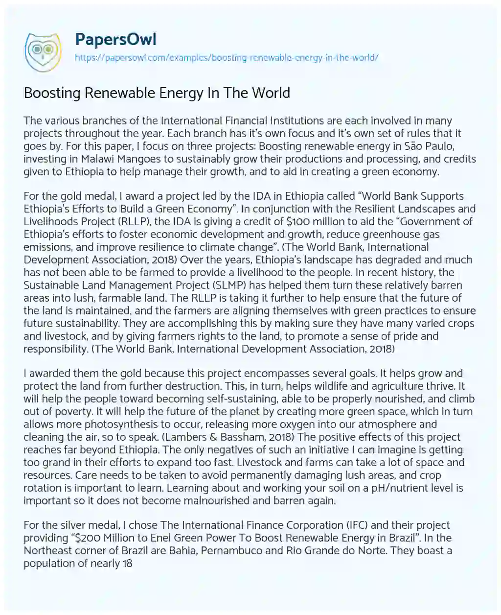 Essay on Boosting Renewable Energy in the World