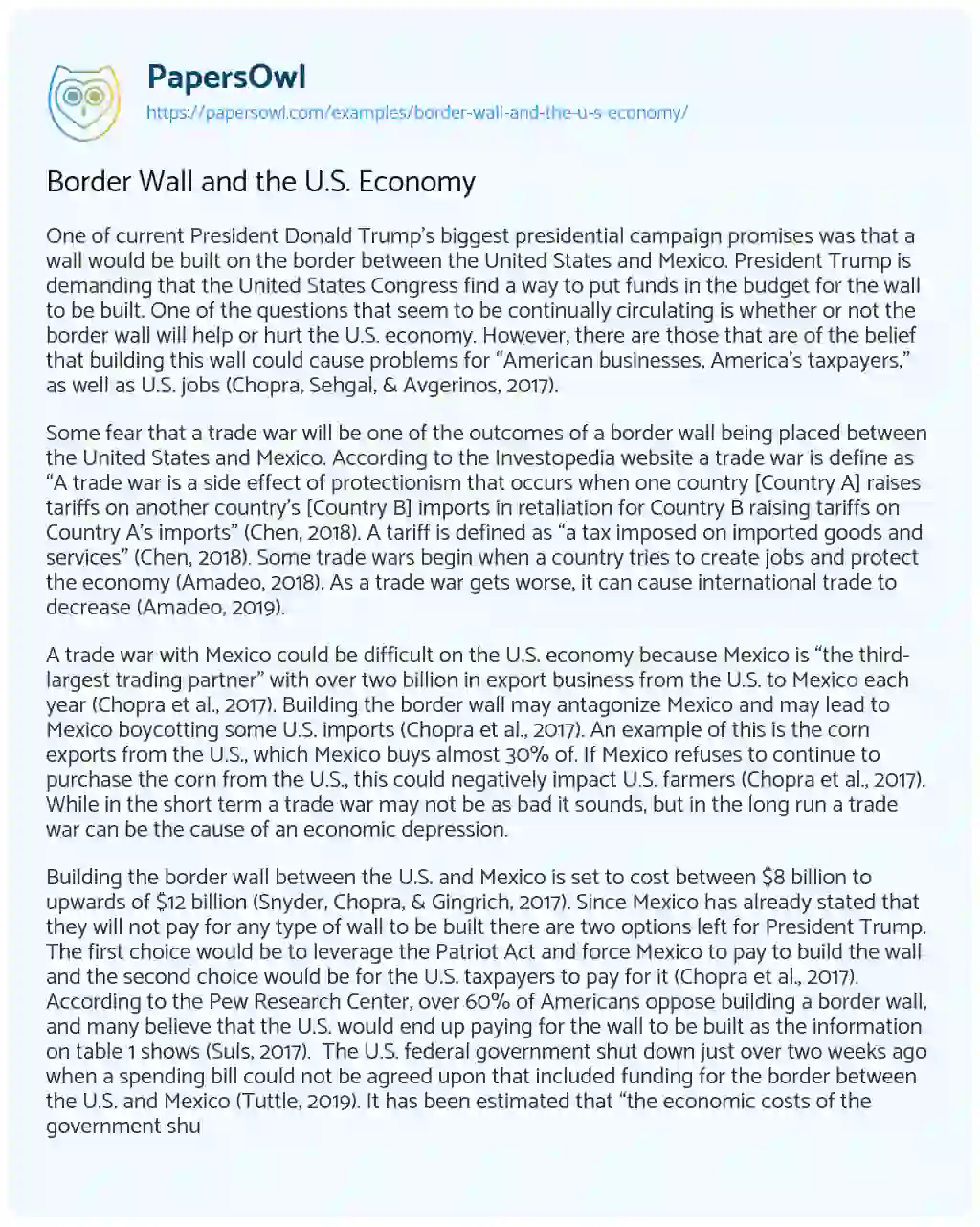 Essay on Border Wall and the U.S. Economy