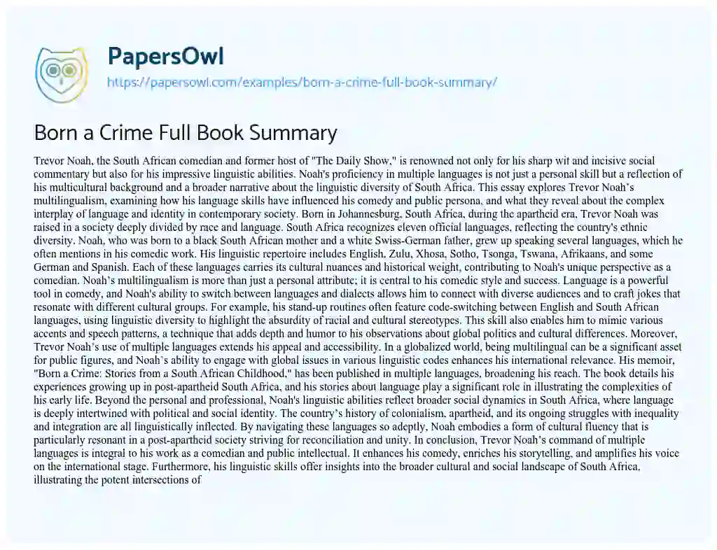 Essay on Born a Crime Full Book Summary