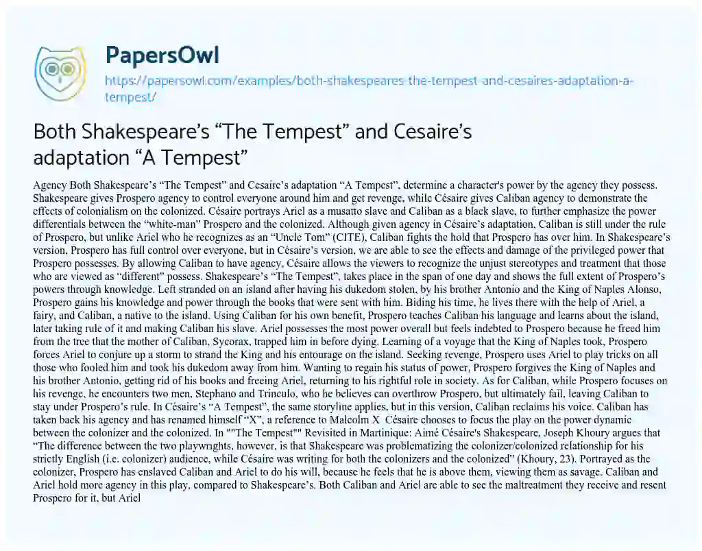 Essay on Both Shakespeare’s “The Tempest” and Cesaire’s Adaptation “A Tempest”