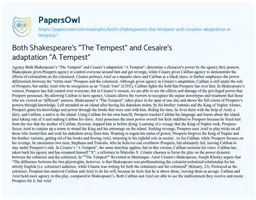 essay on the book tempest