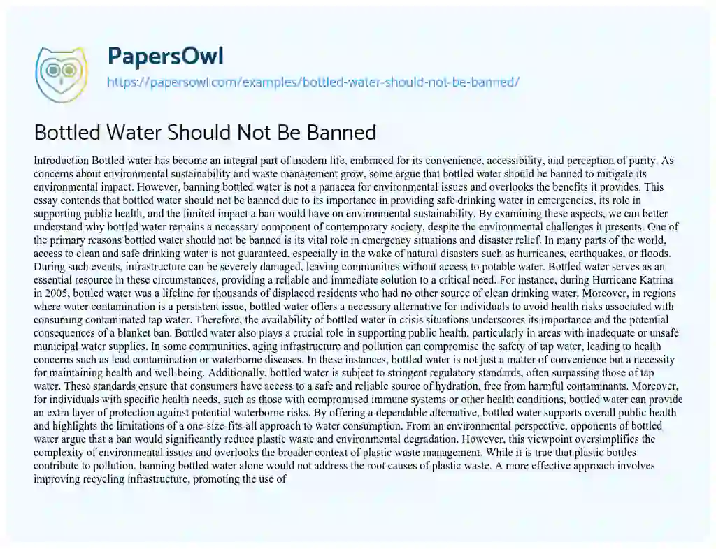 Essay on Bottled Water Should Not Be Banned