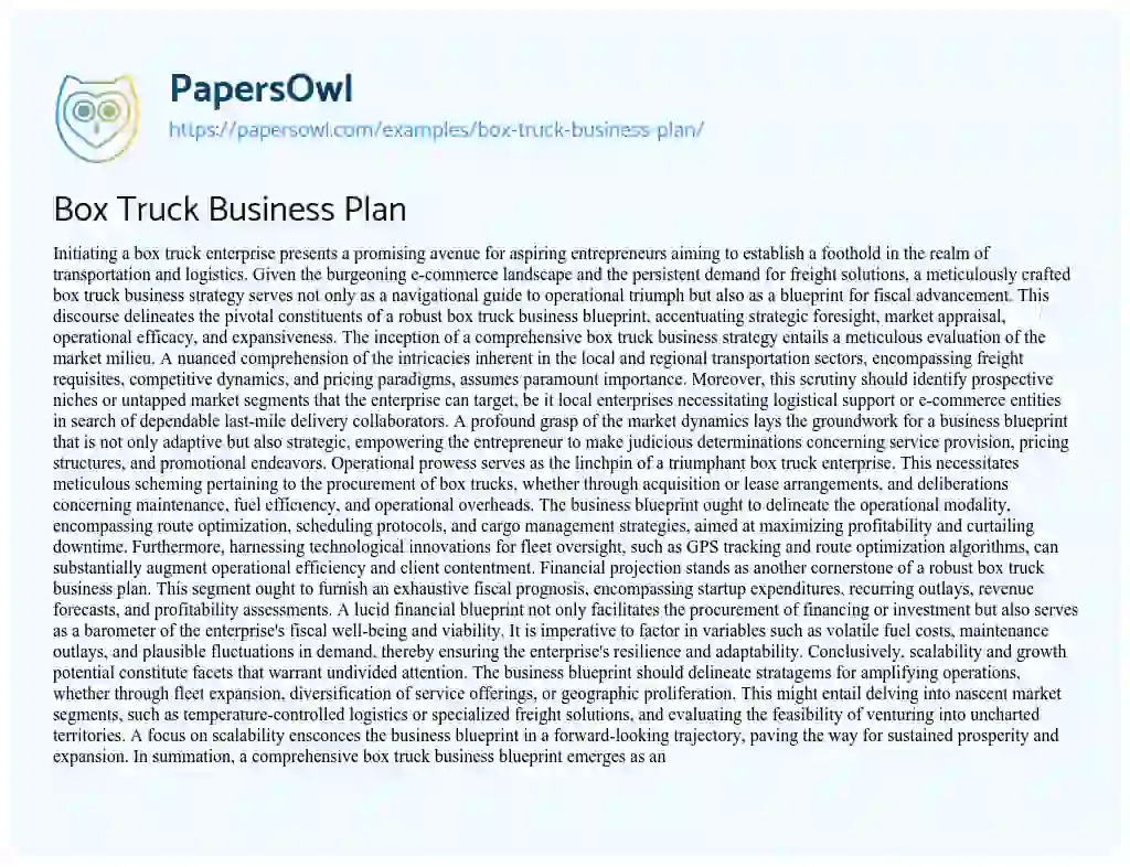 Essay on Box Truck Business Plan