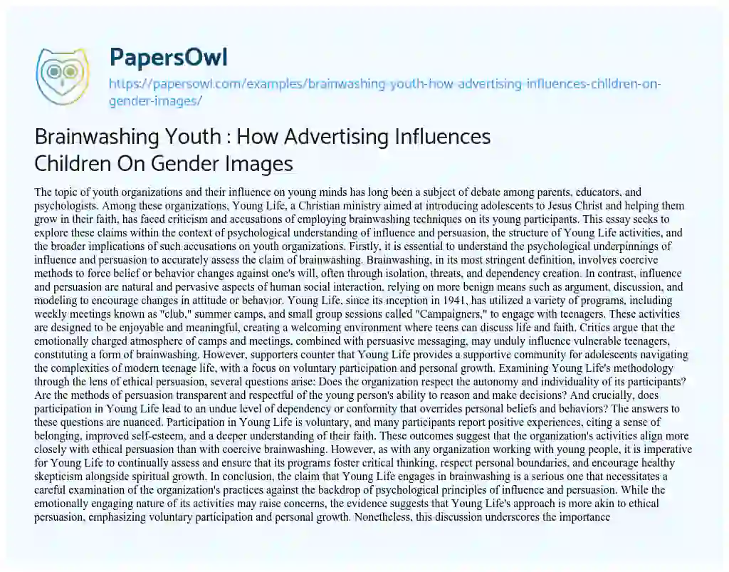 Essay on Brainwashing Youth : how Advertising Influences Children on Gender Images