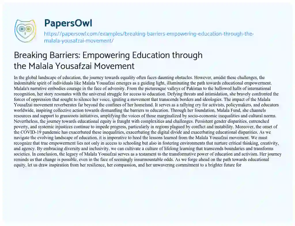 Essay on Breaking Barriers: Empowering Education through the Malala Yousafzai Movement