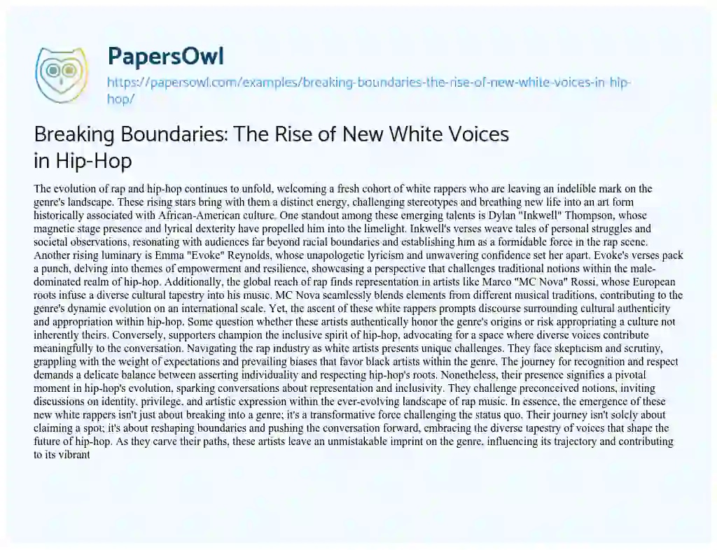 Essay on Breaking Boundaries: the Rise of New White Voices in Hip-Hop