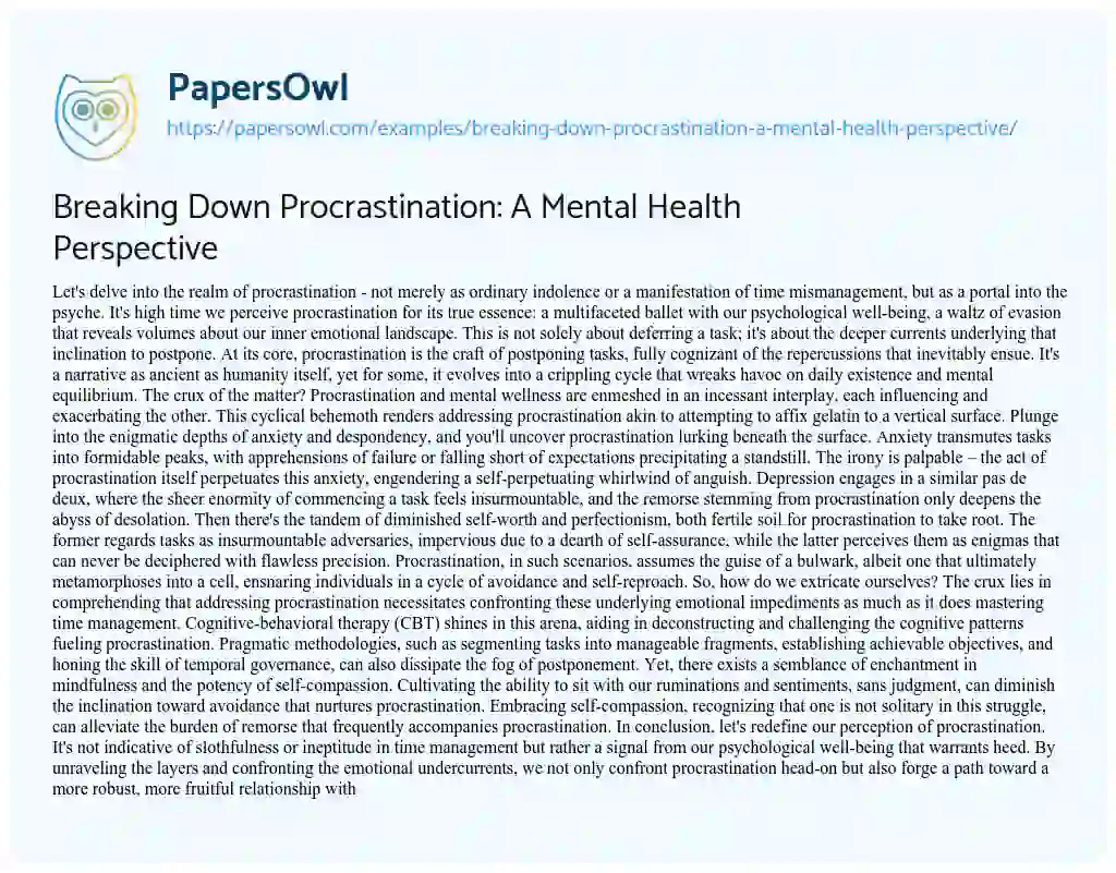 Essay on Breaking down Procrastination: a Mental Health Perspective