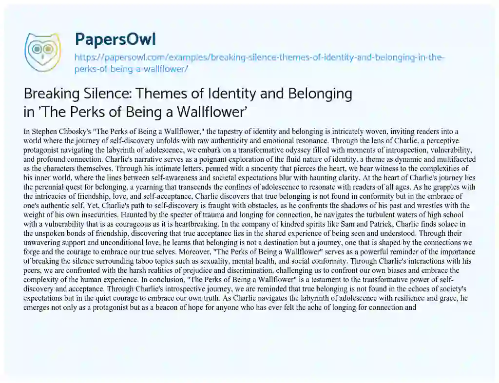 Essay on Breaking Silence: Themes of Identity and Belonging in ‘The Perks of being a Wallflower’
