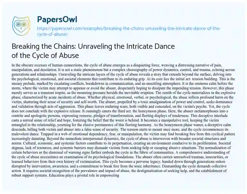 Essay on Breaking the Chains: Unraveling the Intricate Dance of the Cycle of Abuse