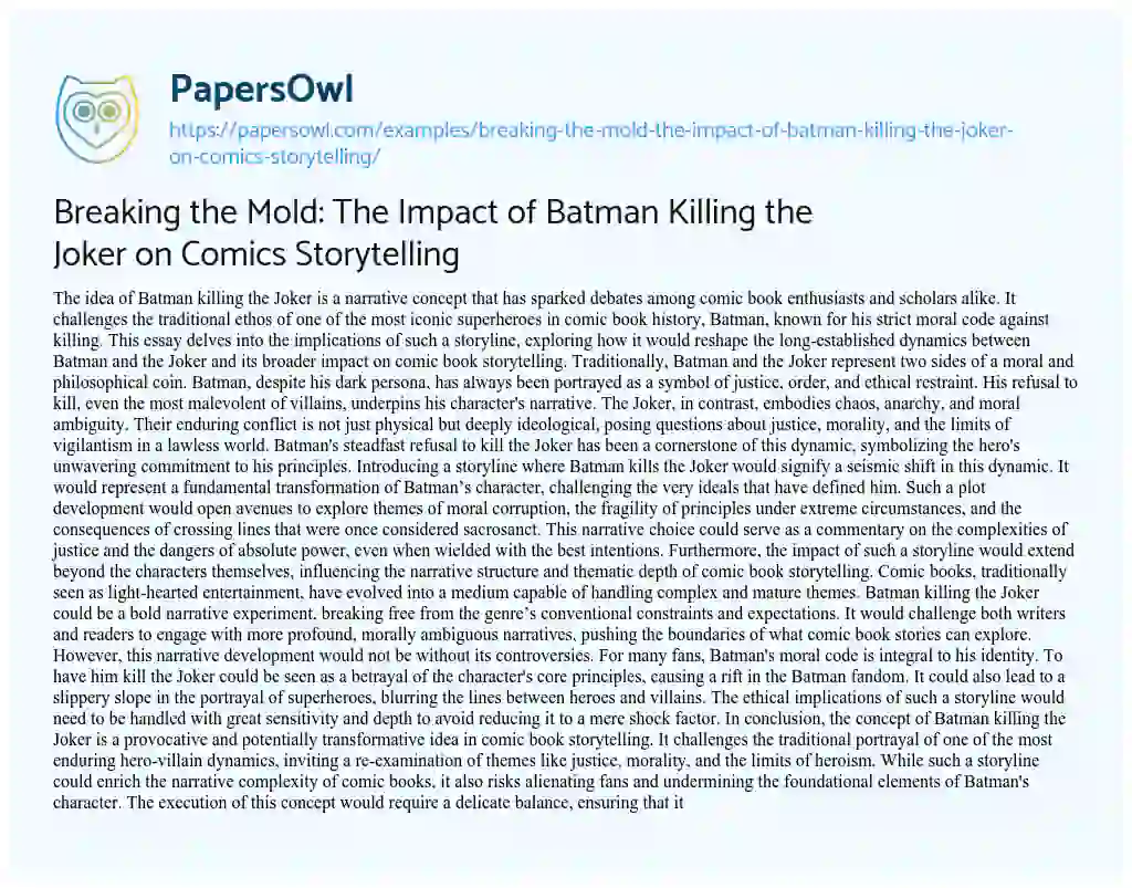 Essay on Breaking the Mold: the Impact of Batman Killing the Joker on Comics Storytelling