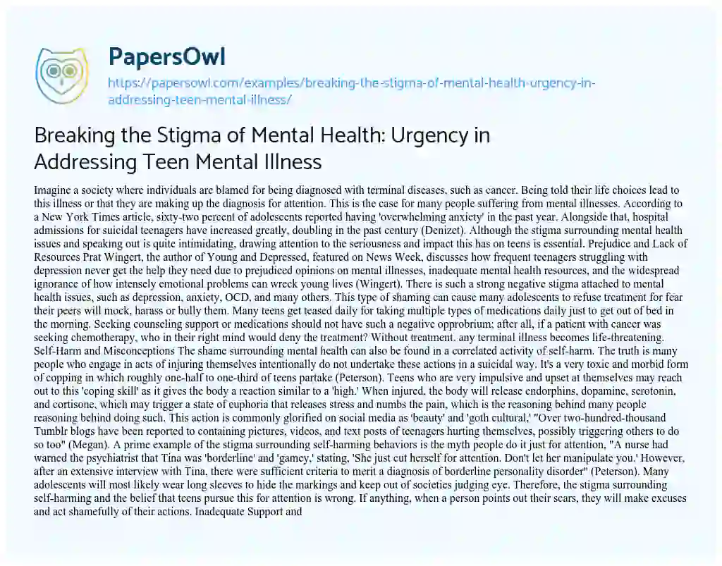 Essay on Breaking the Stigma of Mental Health: Urgency in Addressing Teen Mental Illness