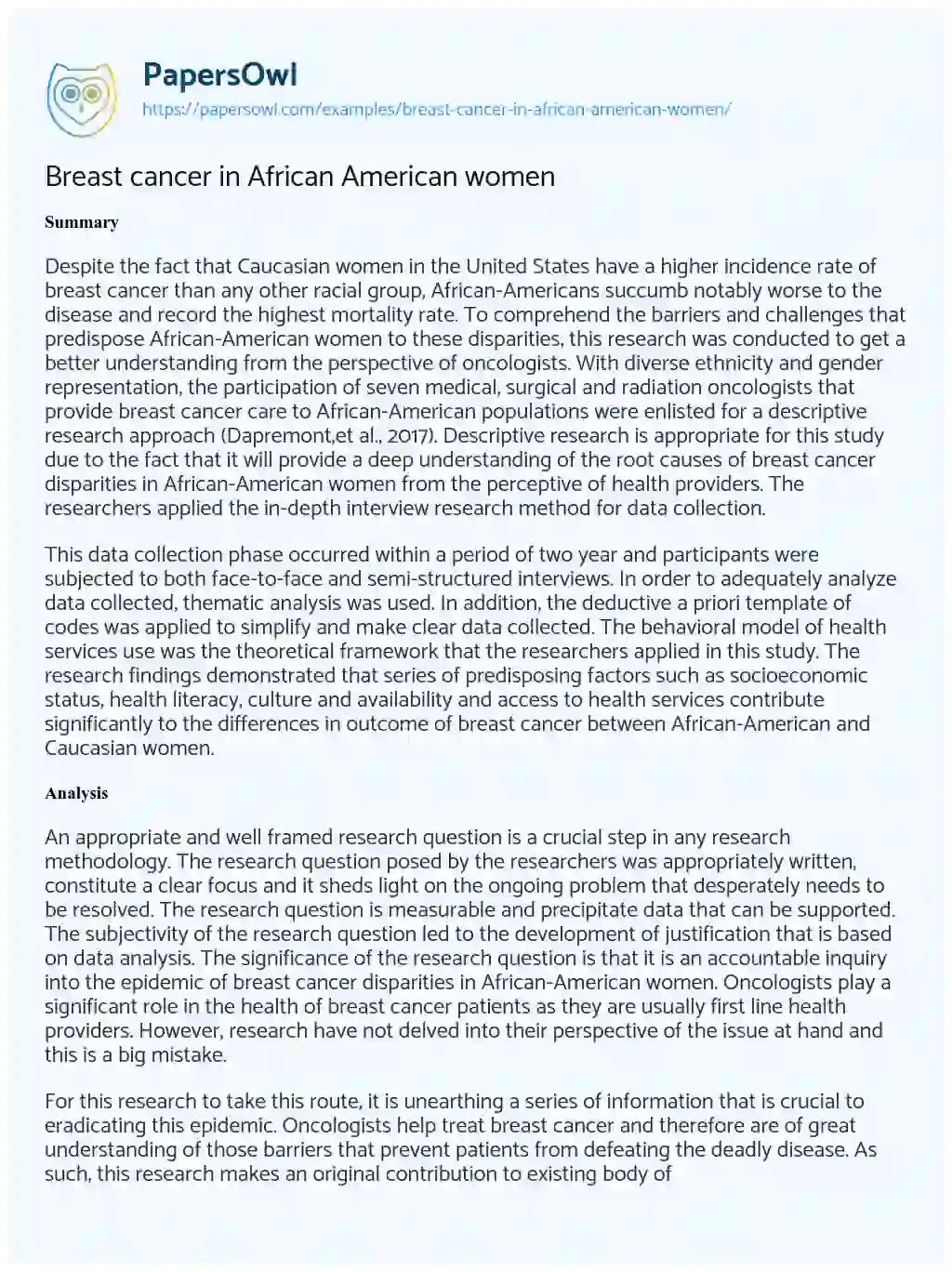 Essay on Breast Cancer in African American Women