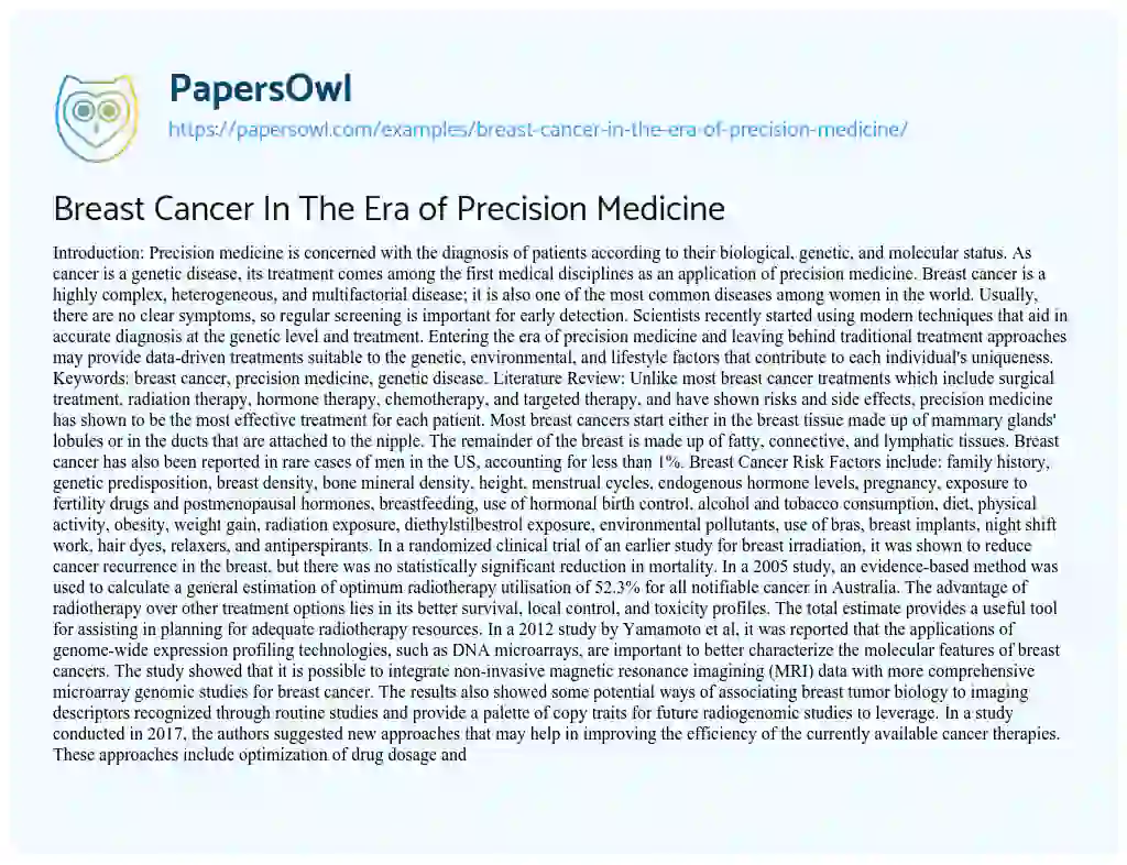 Breast Cancer in the Era of Precision Medicine essay