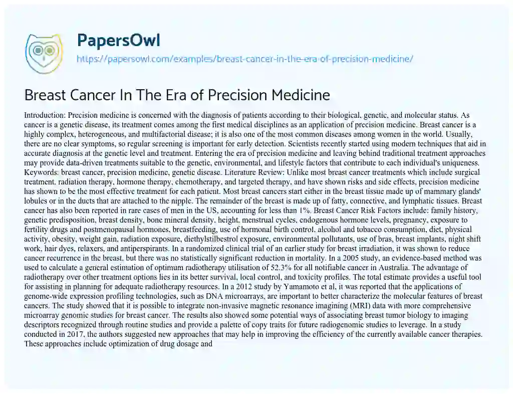 Essay on Breast Cancer in the Era of Precision Medicine