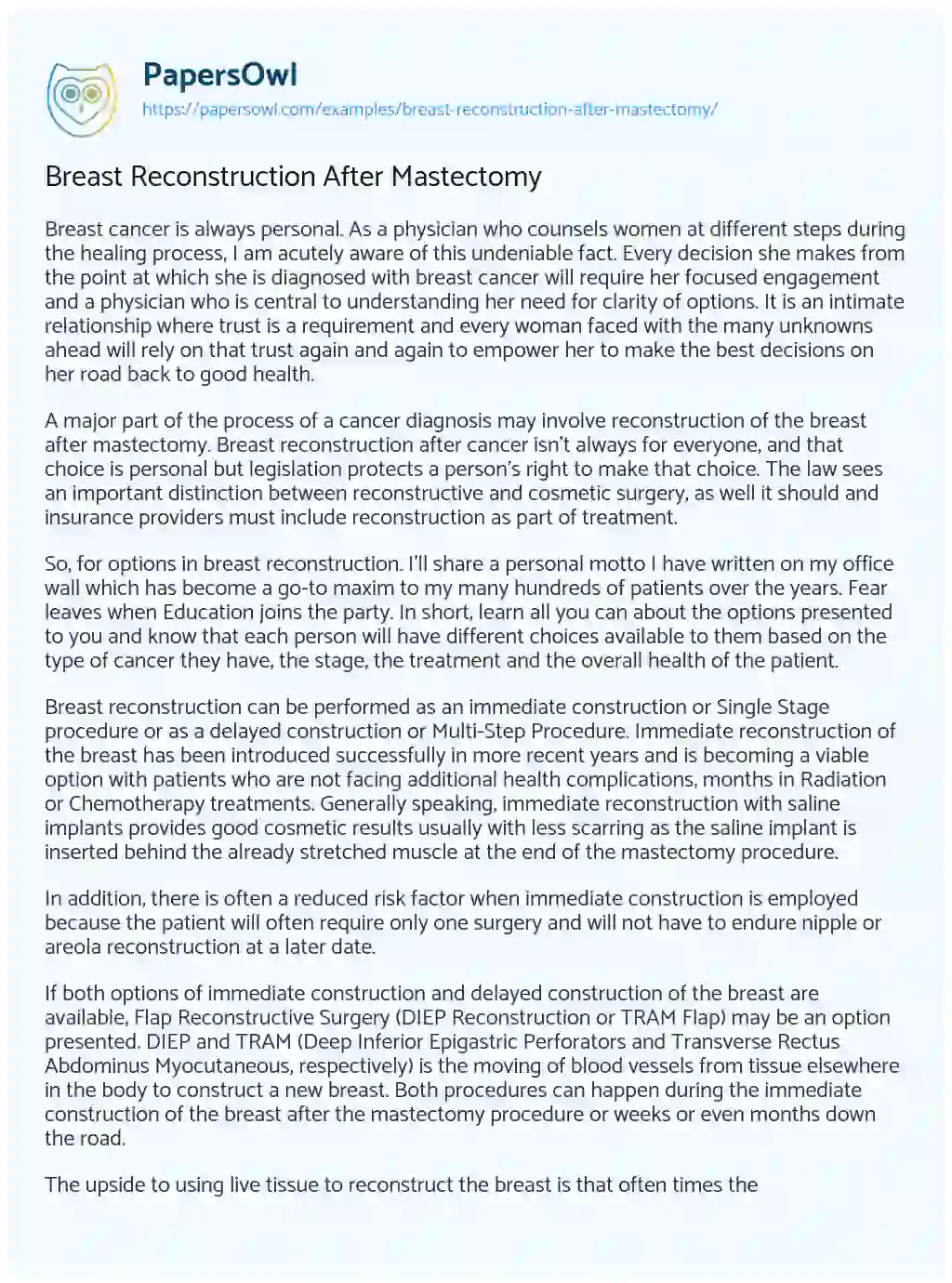 Essay on Breast Reconstruction after Mastectomy