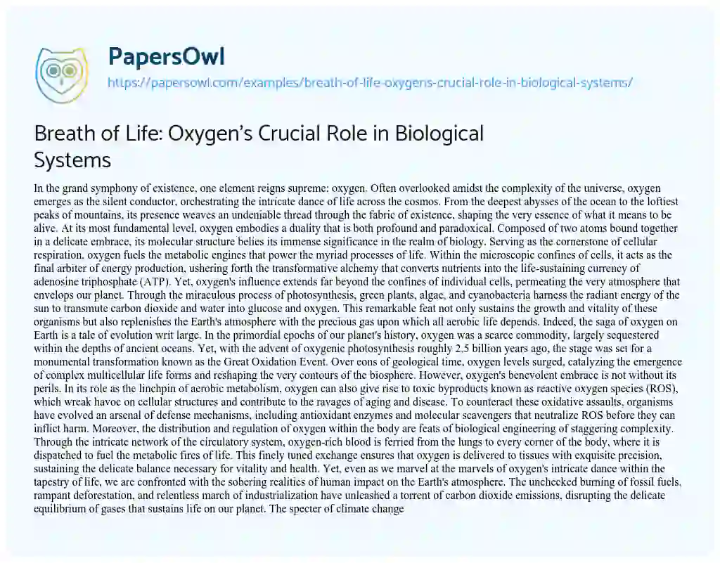Essay on Breath of Life: Oxygen’s Crucial Role in Biological Systems