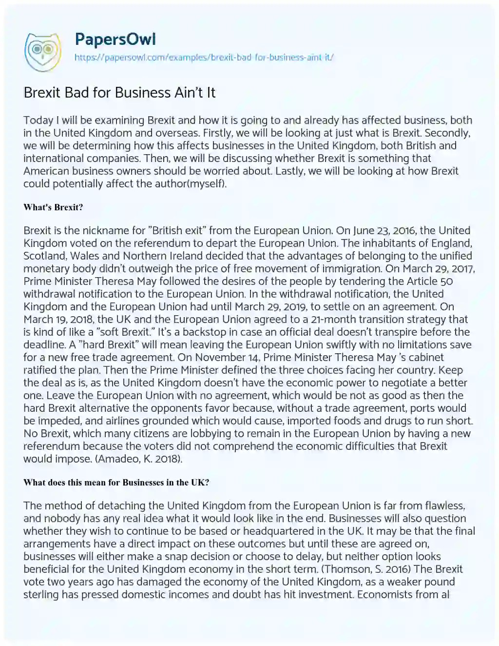 Essay on Brexit Bad for Business Ain’t it