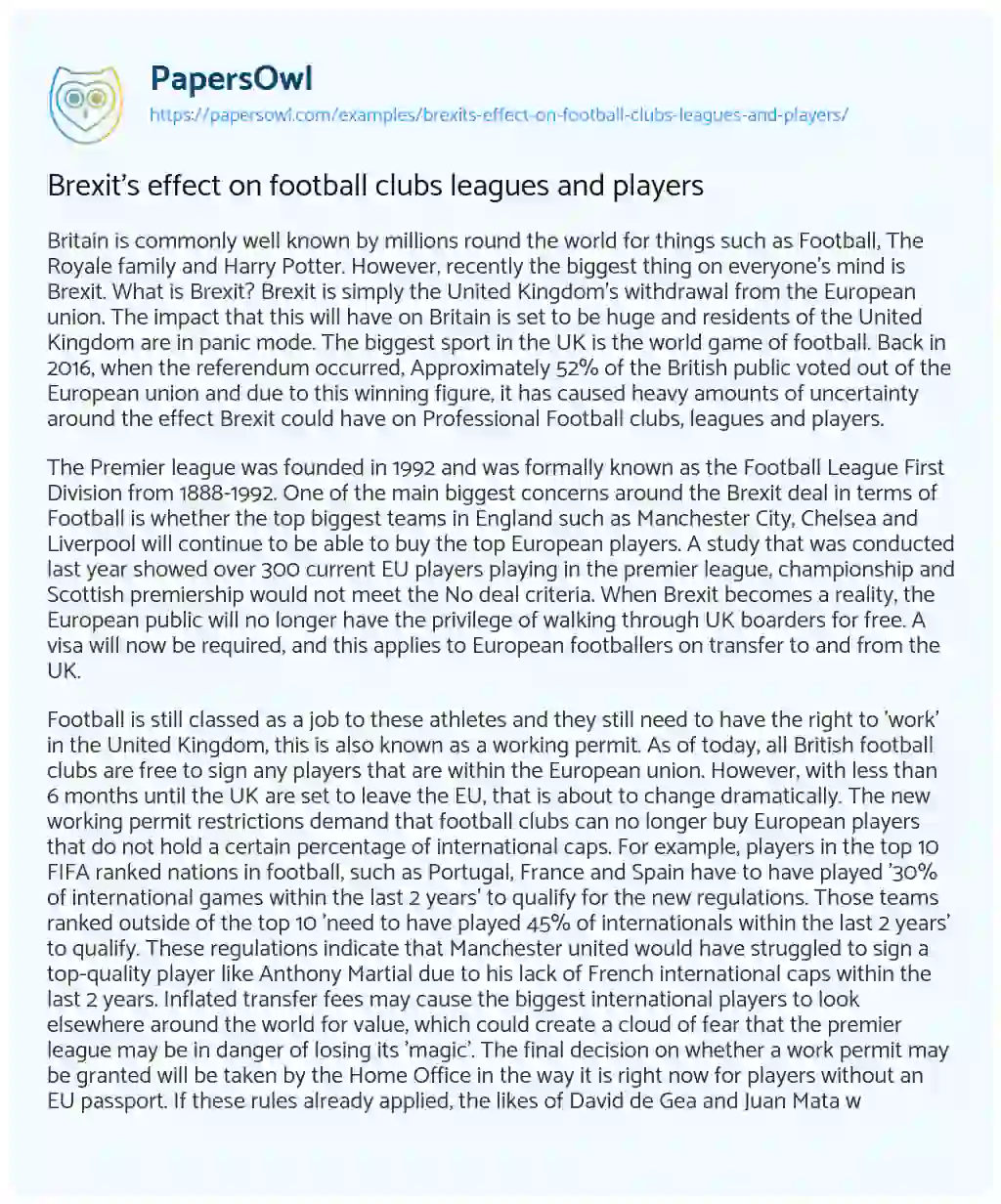 Essay on Brexit’s Effect on Football Clubs Leagues and Players