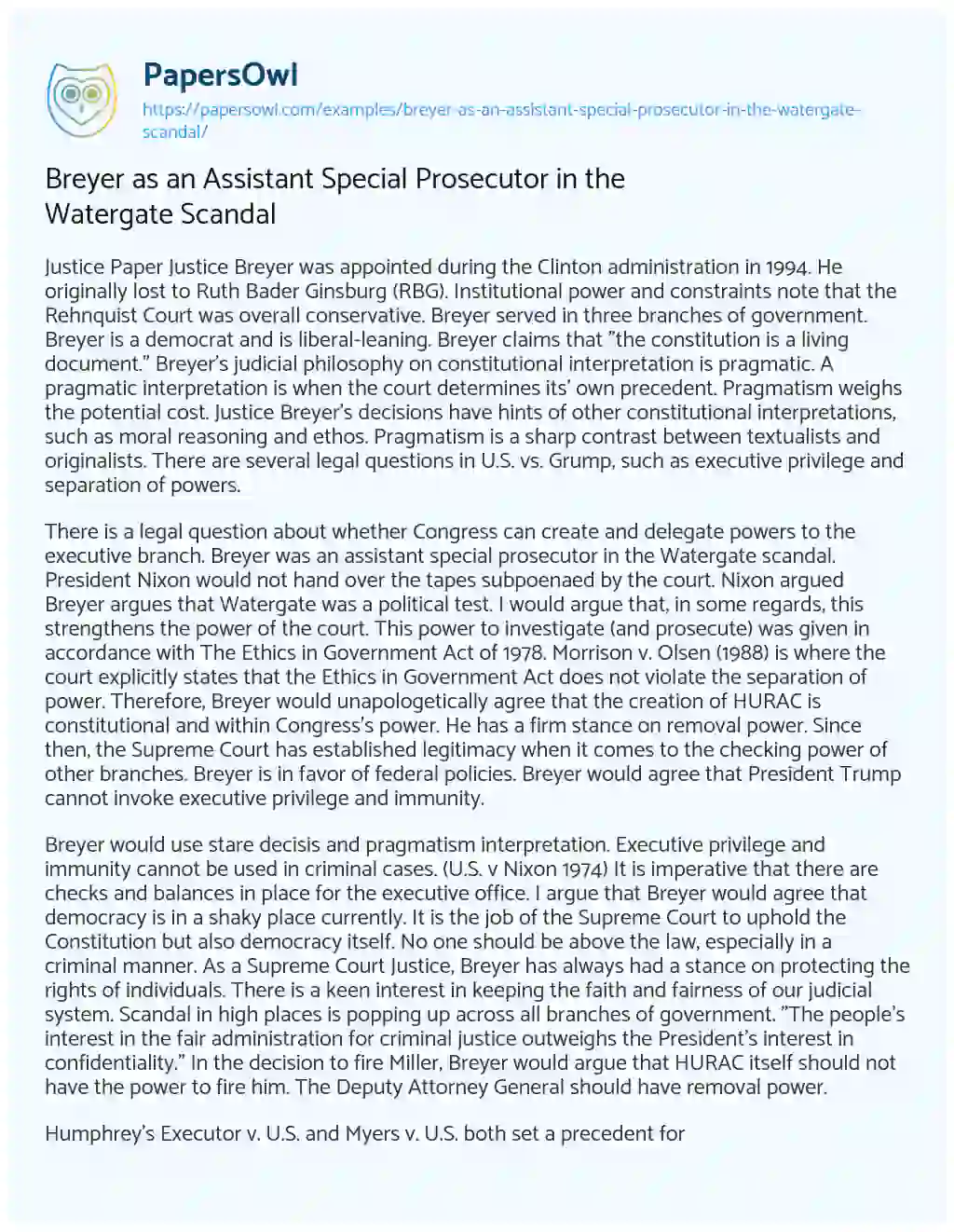 Essay on Breyer as an Assistant Special Prosecutor in the Watergate Scandal