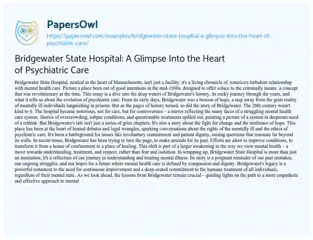 Essay on Bridgewater State Hospital: a Glimpse into the Heart of Psychiatric Care