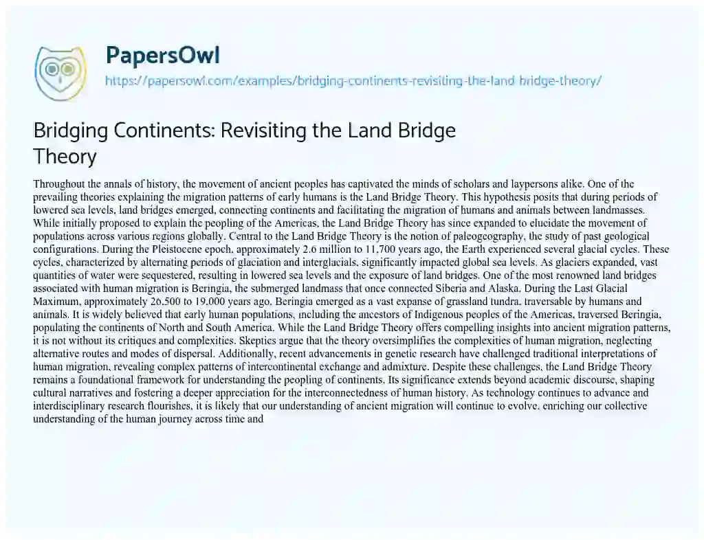 Essay on Bridging Continents: Revisiting the Land Bridge Theory