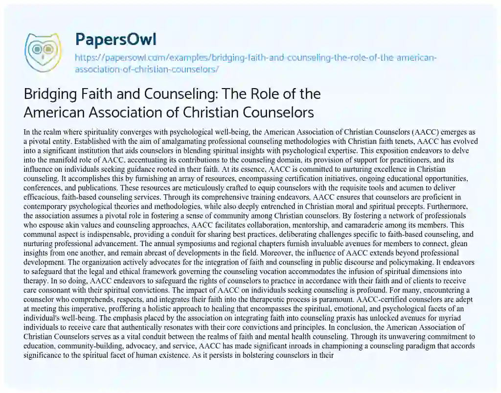 Essay on Bridging Faith and Counseling: the Role of the American Association of Christian Counselors