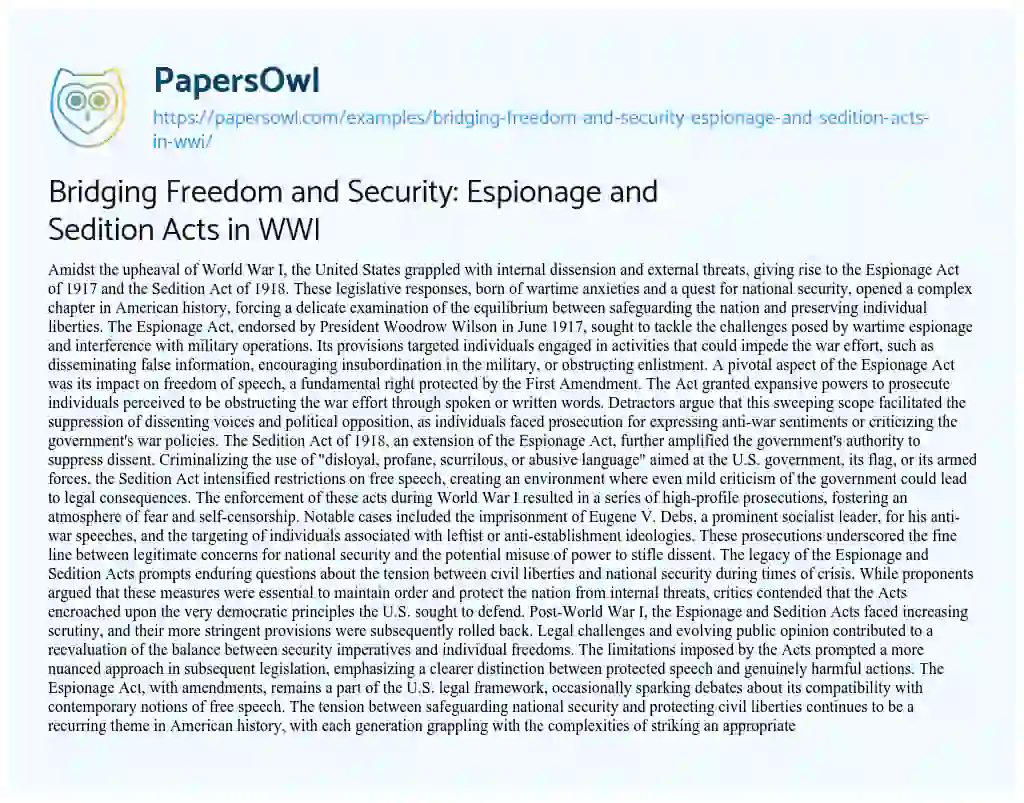 Essay on Bridging Freedom and Security: Espionage and Sedition Acts in WWI
