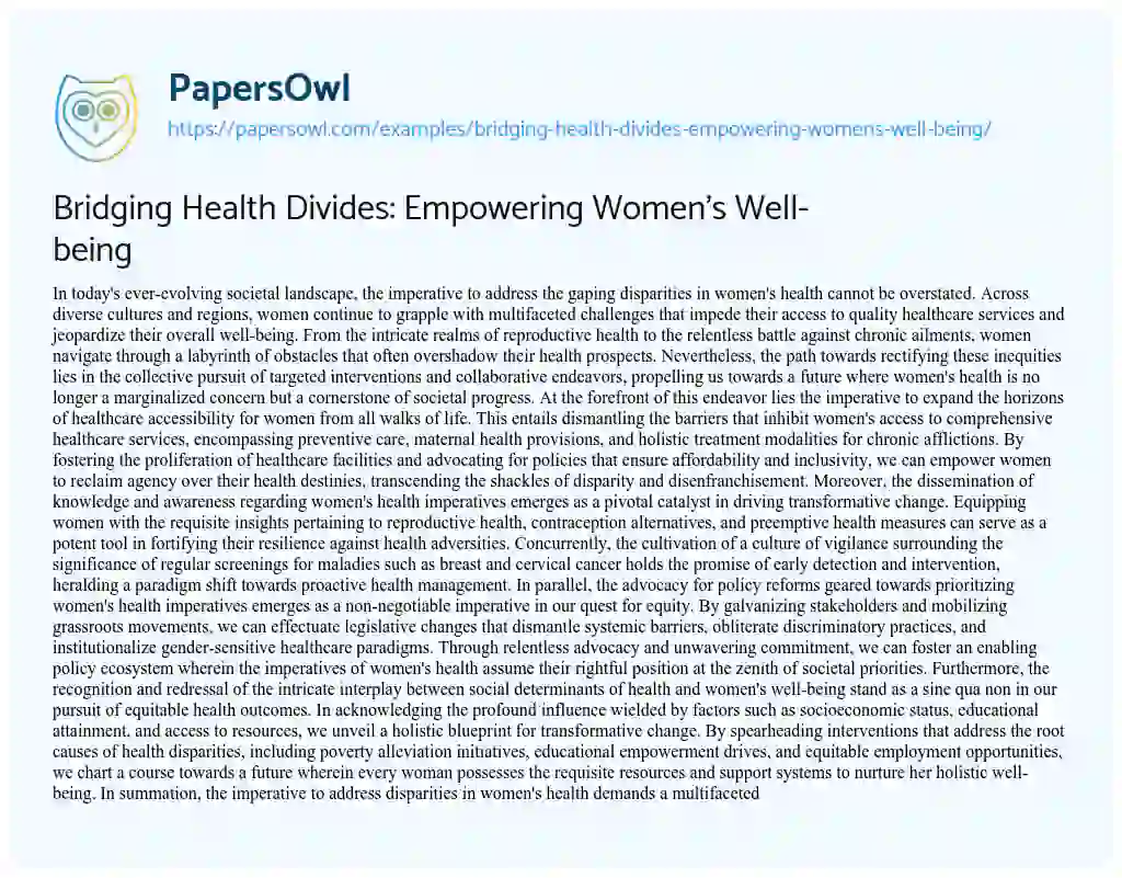 Essay on Bridging Health Divides: Empowering Women’s Well-being