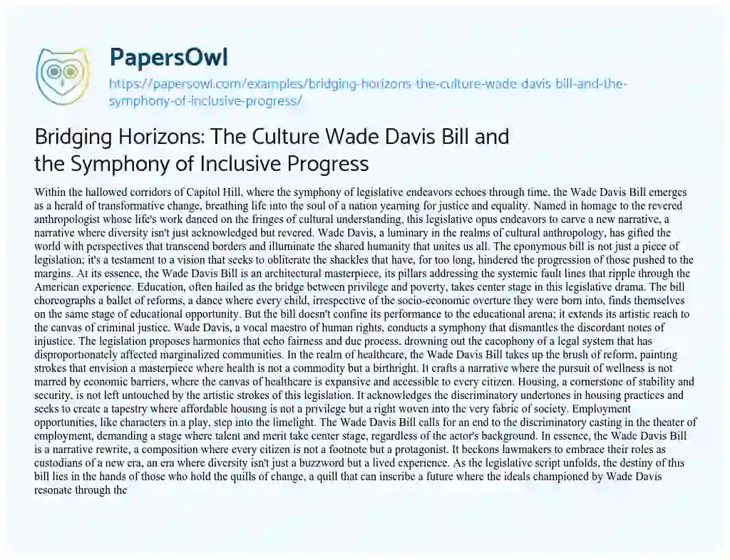 Essay on Bridging Horizons: the Culture Wade Davis Bill and the Symphony of Inclusive Progress