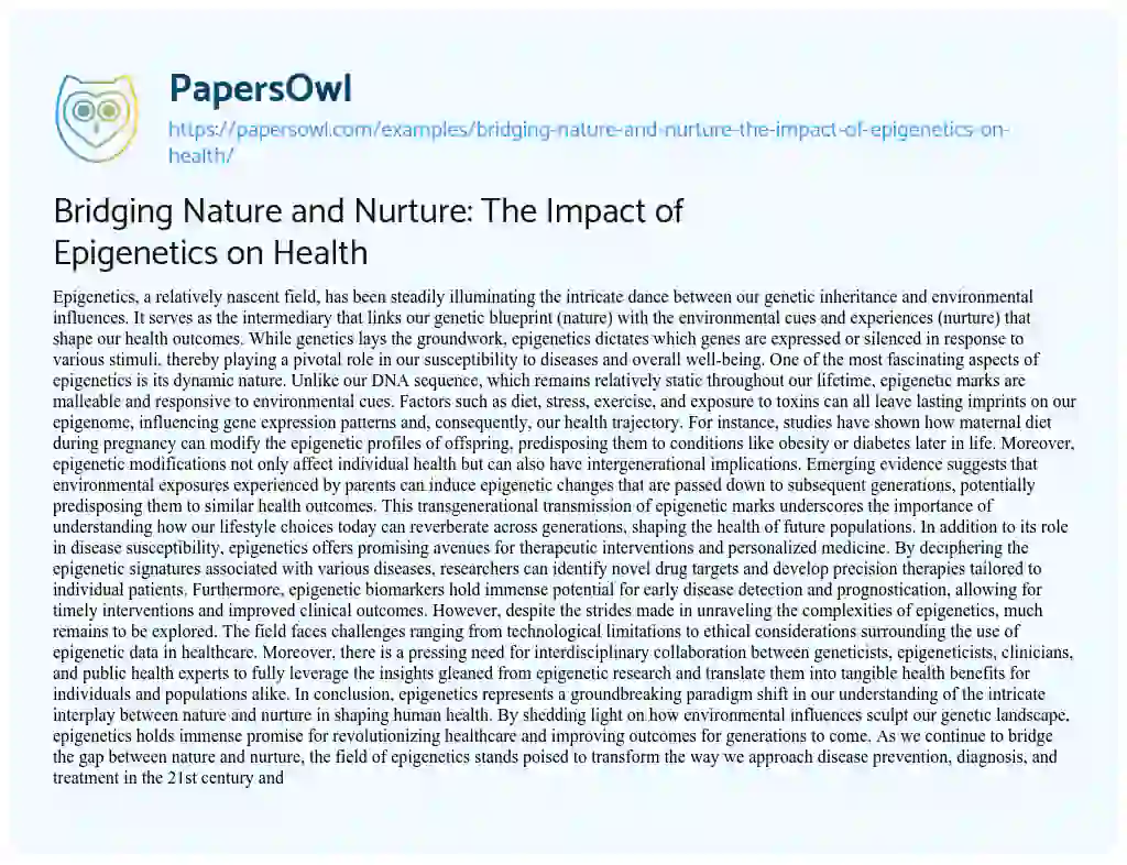 Essay on Bridging Nature and Nurture: the Impact of Epigenetics on Health