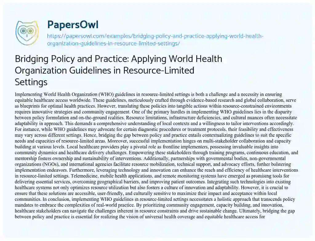 Essay on Bridging Policy and Practice: Applying World Health Organization Guidelines in Resource-Limited Settings