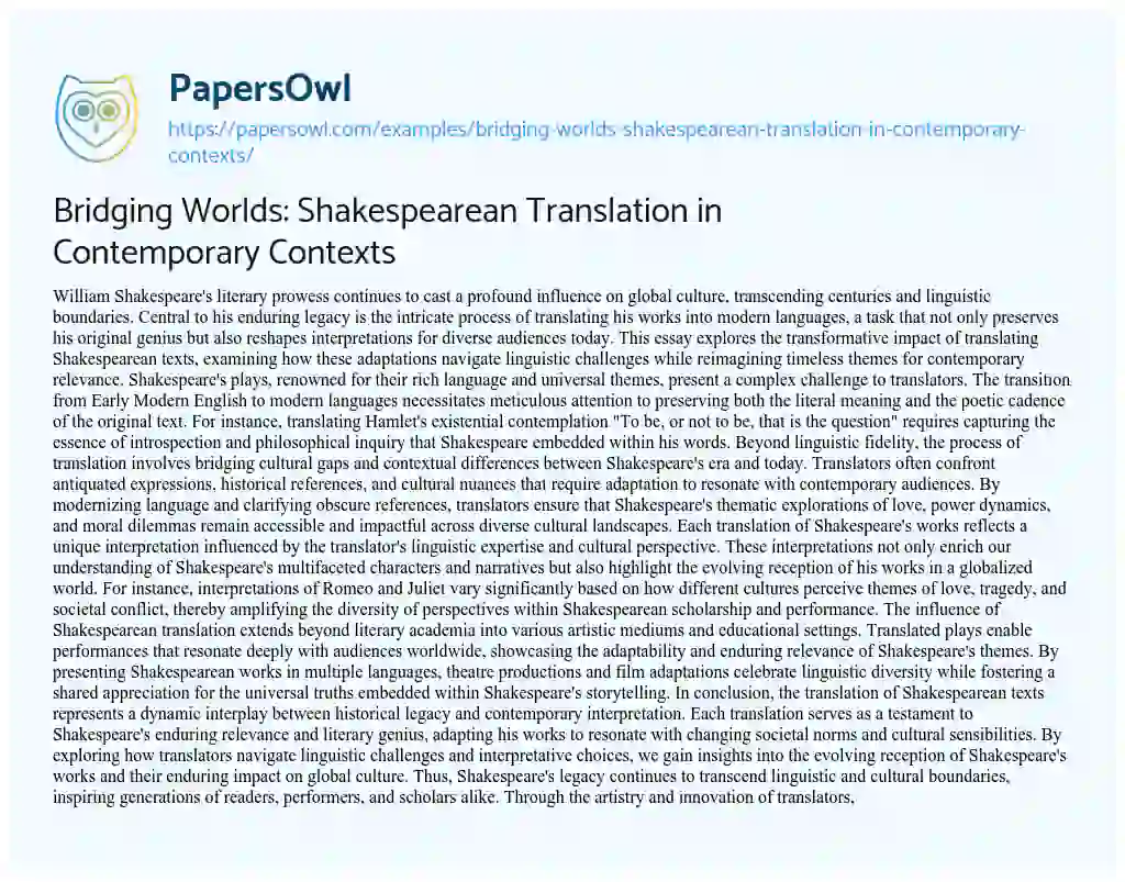 Essay on Bridging Worlds: Shakespearean Translation in Contemporary Contexts