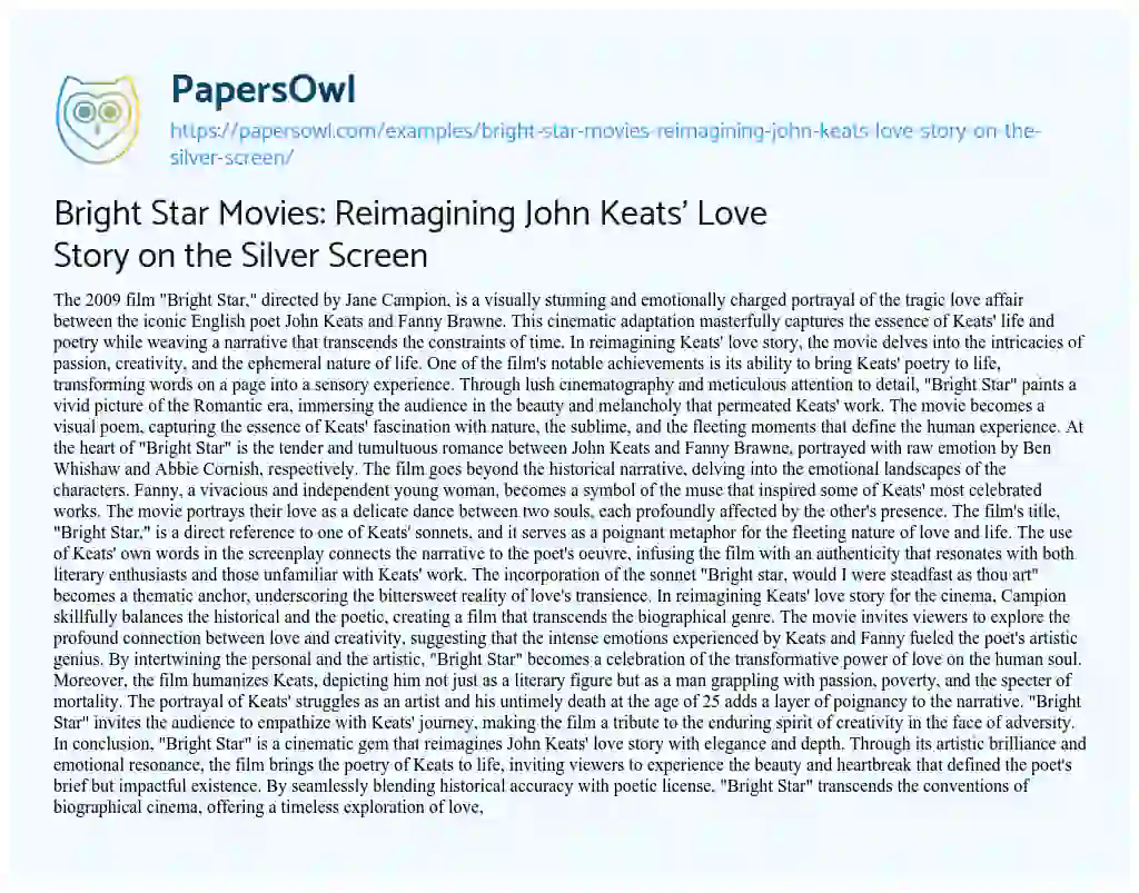 Essay on Bright Star Movies: Reimagining John Keats’ Love Story on the Silver Screen
