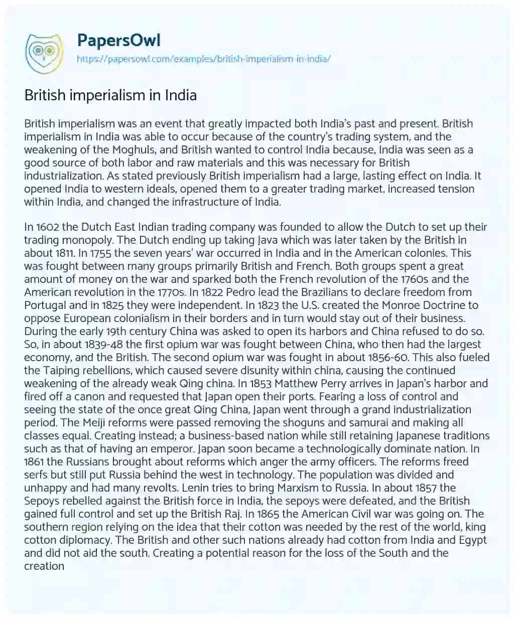 Essay on British Imperialism in India