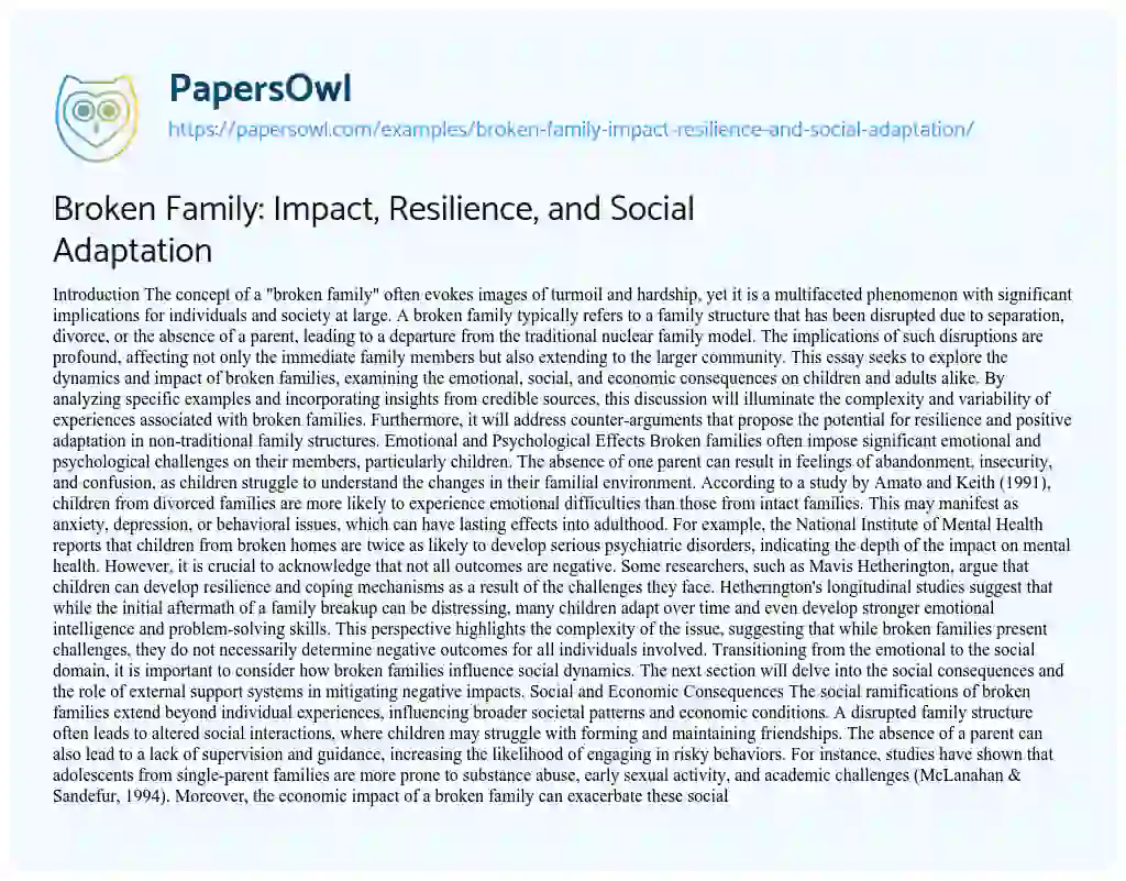 Essay on Broken Family: Impact, Resilience, and Social Adaptation