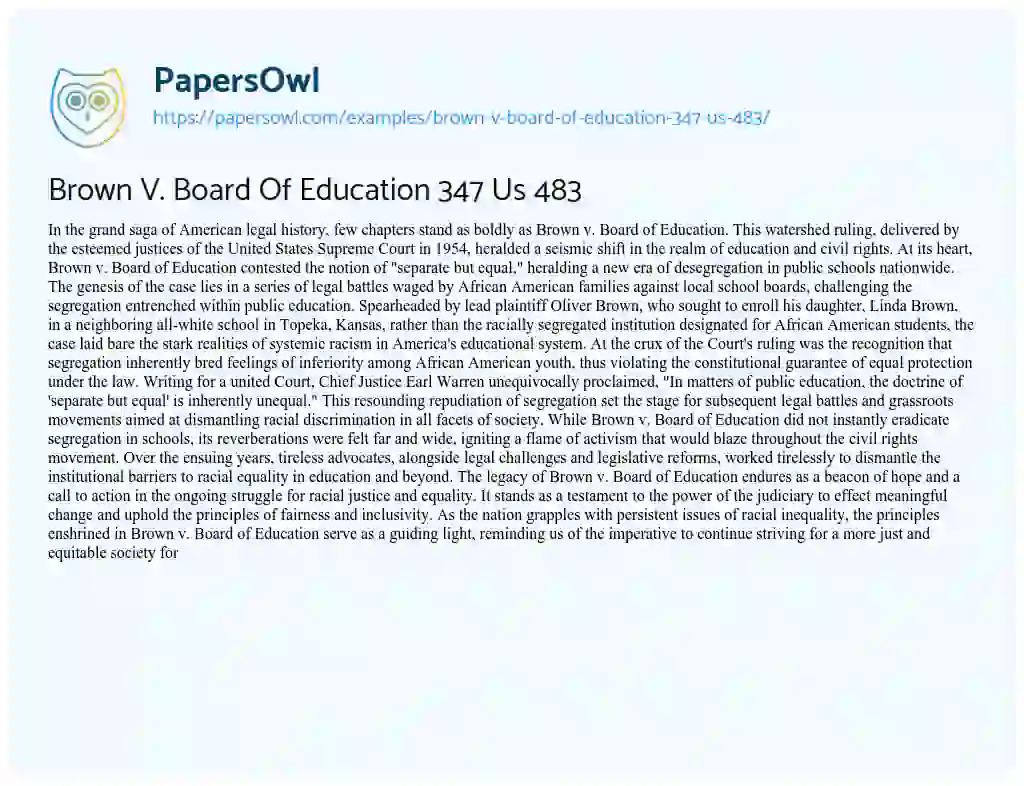 Essay on Brown V. Board of Education 347 Us 483