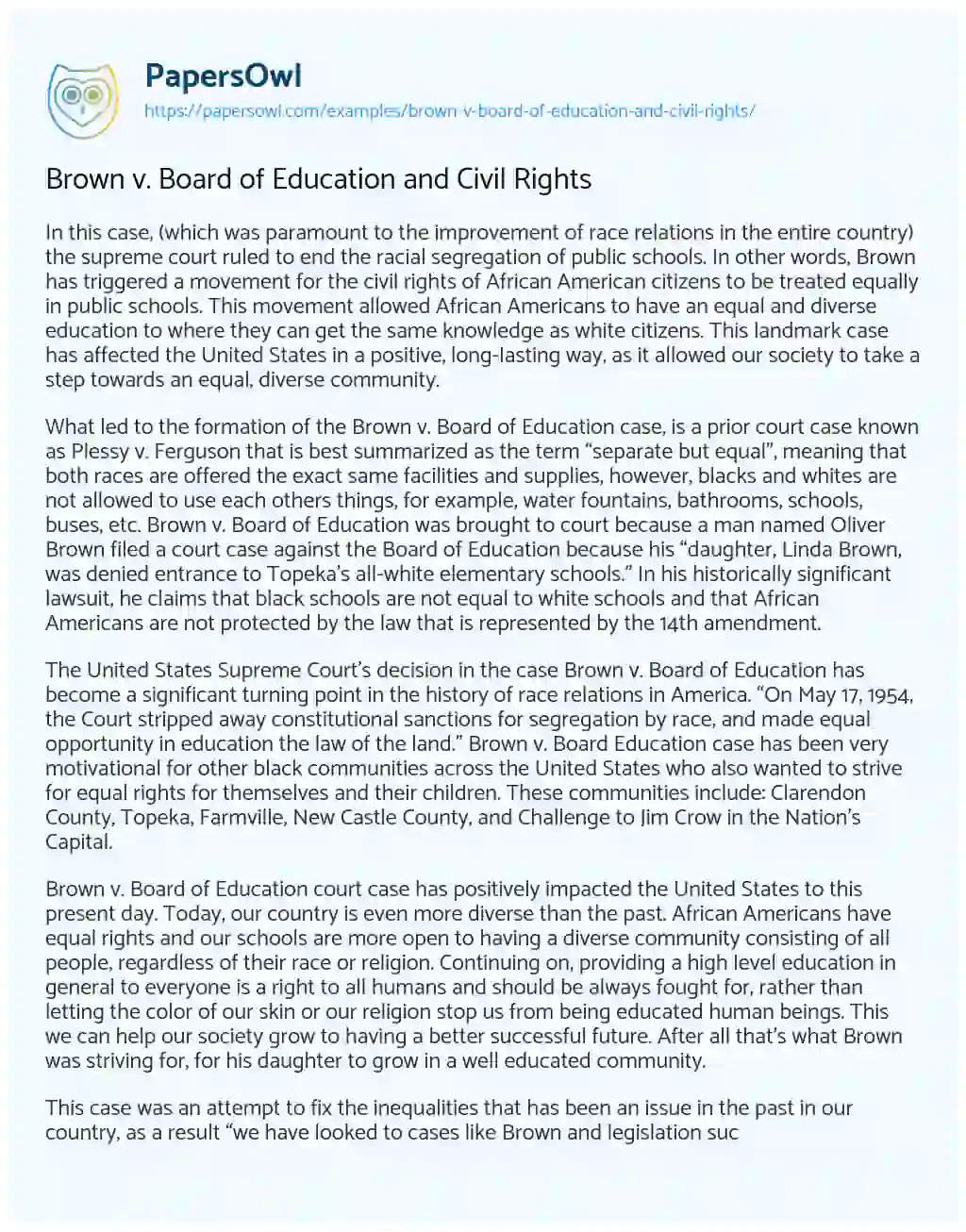 Brown V. Board of Education and Civil Rights essay