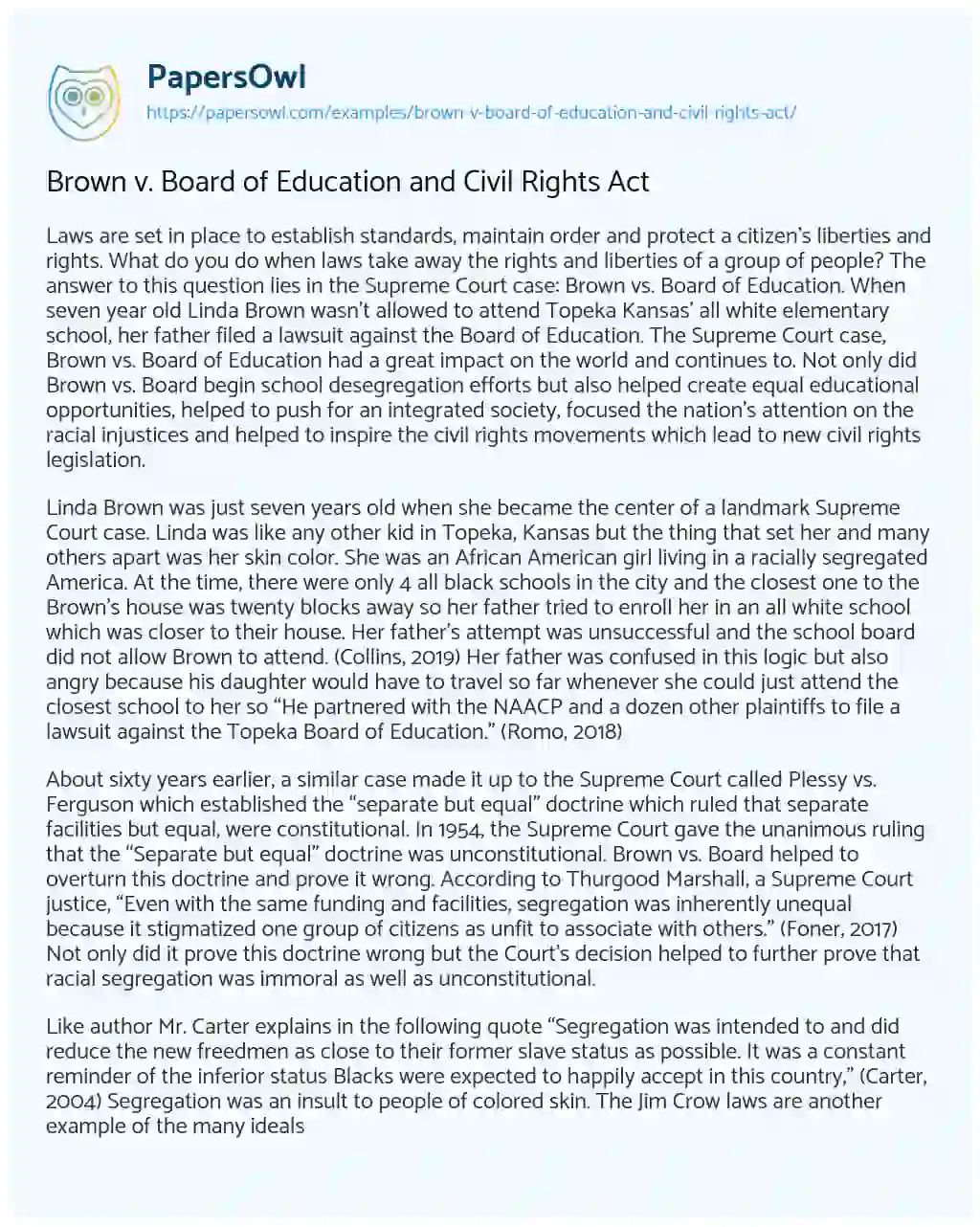 Brown V. Board of Education and Civil Rights Act essay
