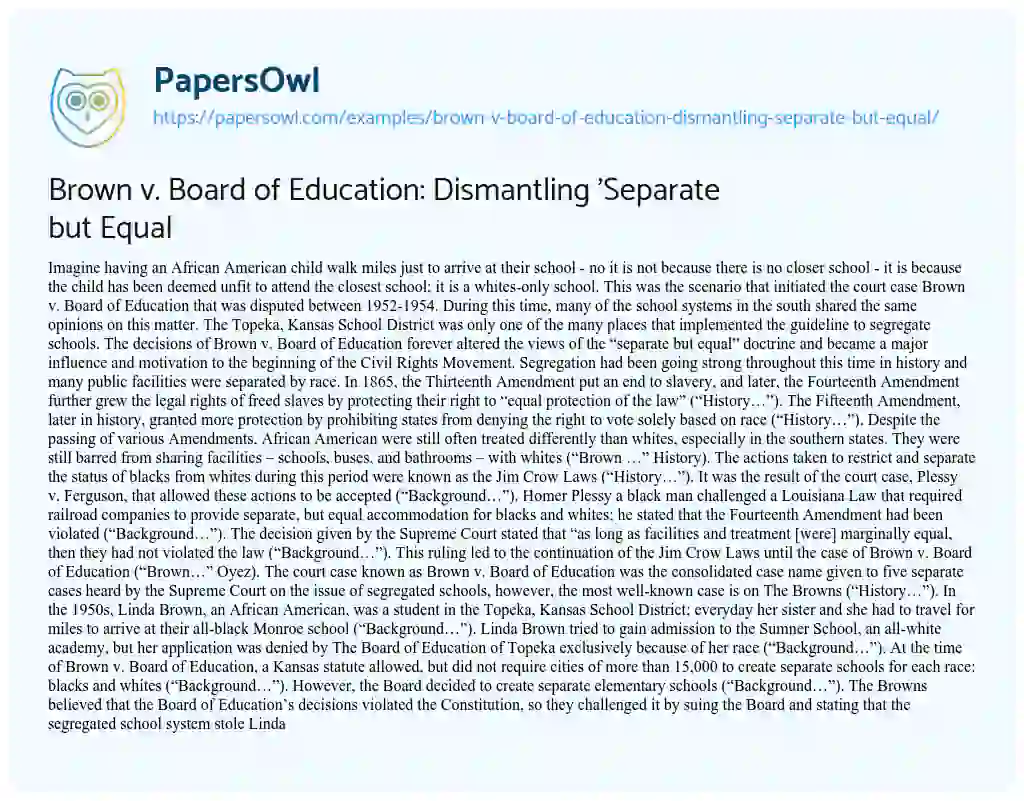 Essay on Brown V. Board of Education: Dismantling ‘Separate but Equal