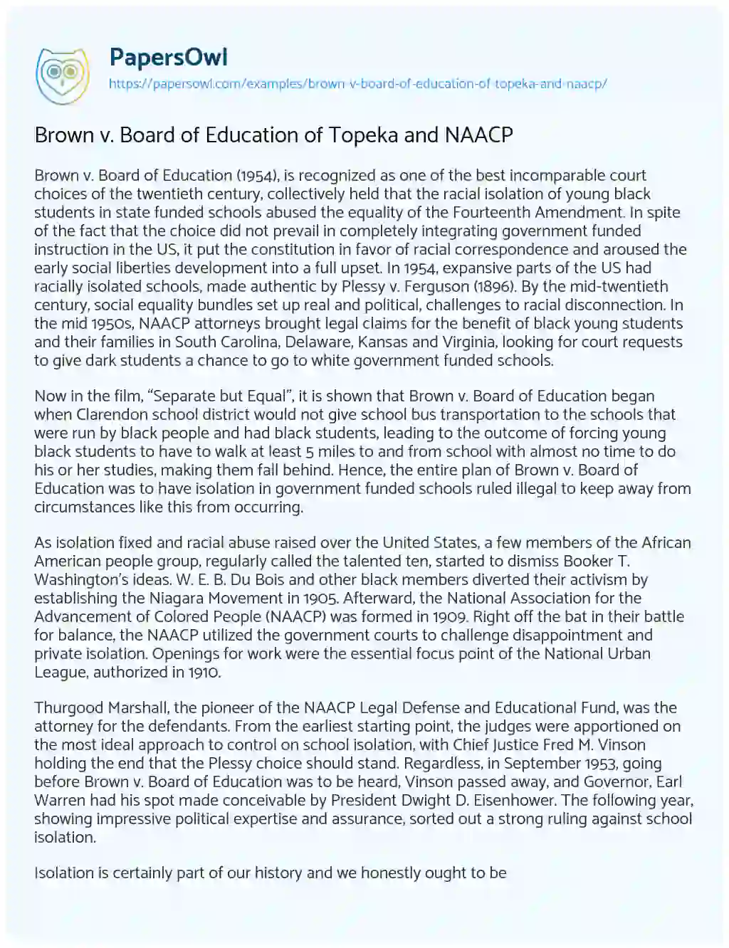 Essay on Brown V. Board of Education of Topeka and NAACP