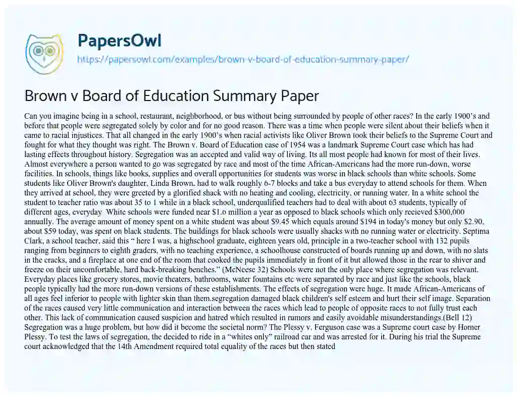 Essay on Brown V Board of Education Summary Paper