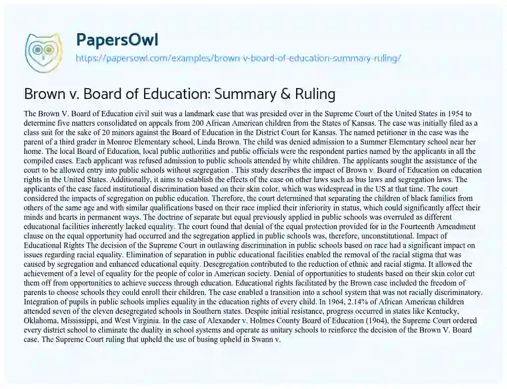 Essay on Brown V. Board of Education: Summary & Ruling