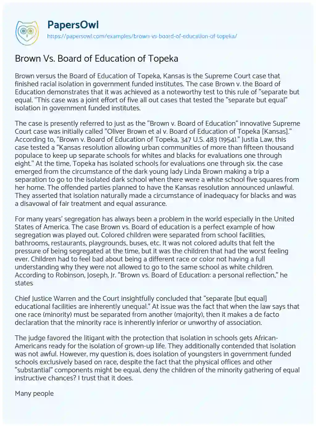 Essay on Brown Vs. Board of Education of Topeka