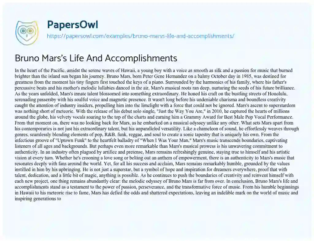 Essay on Bruno Mars’s Life and Accomplishments