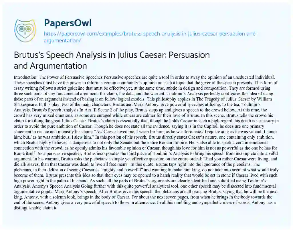 Essay on Brutus’s Speech Analysis in Julius Caesar: Persuasion and Argumentation