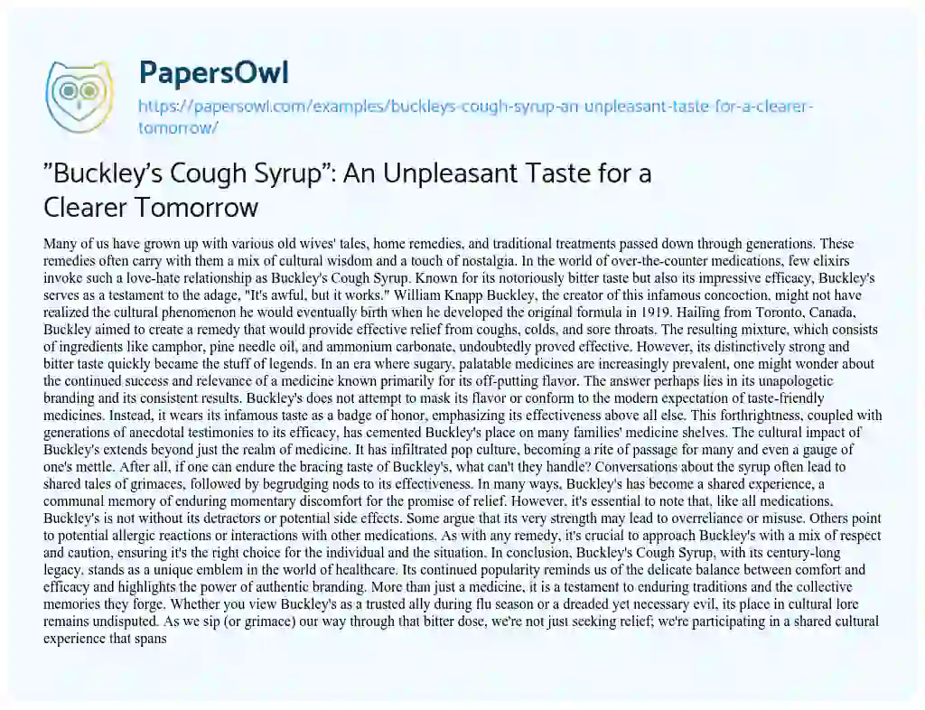 Essay on “Buckley’s Cough Syrup”: an Unpleasant Taste for a Clearer Tomorrow