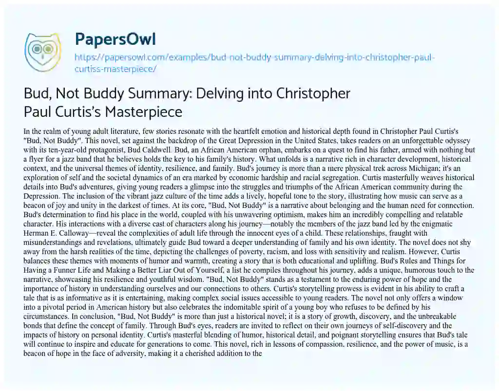 Essay on Bud, not Buddy Summary: Delving into Christopher Paul Curtis’s Masterpiece