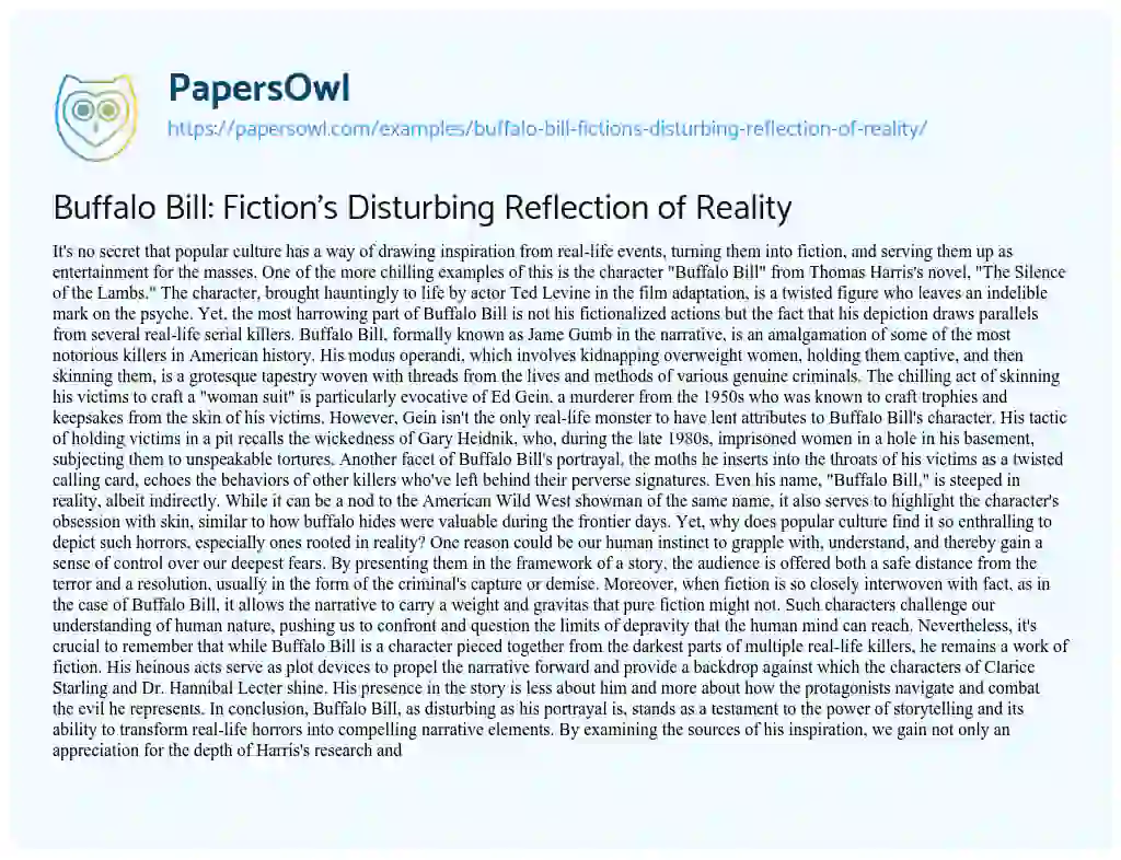 Essay on Buffalo Bill: Fiction’s Disturbing Reflection of Reality