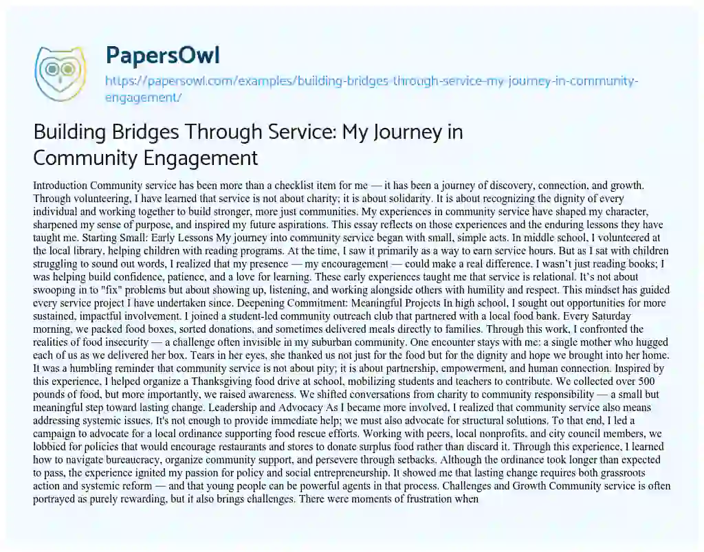 Essay on Building Bridges Through Service: My Journey in Community Engagement